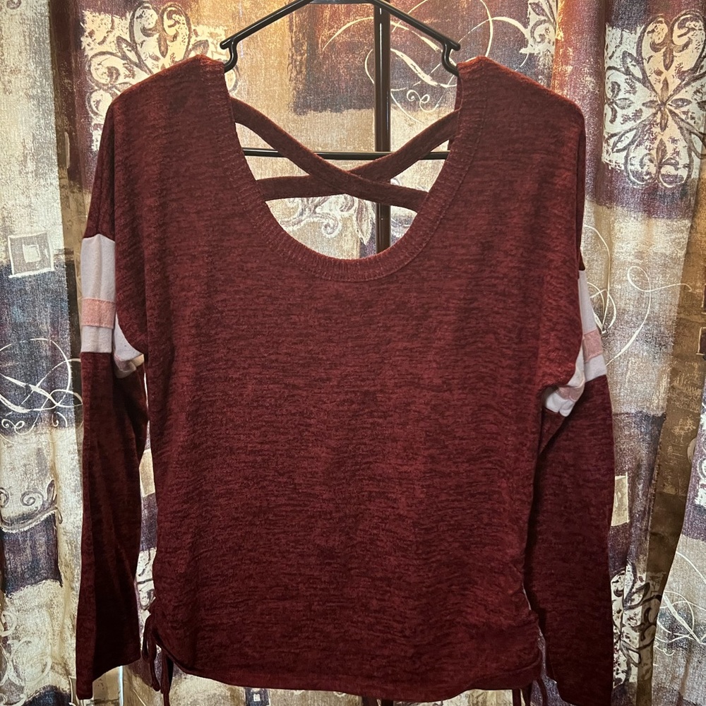 Juniors large scoop neck cross back sweater in maroon